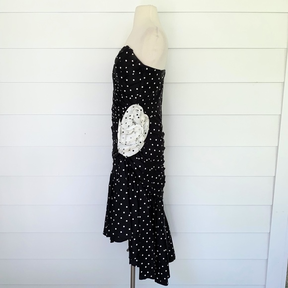 Vintage Tadashi Polka Dot Strapless Rosette Black Dress 8 - Picture 3 of 14